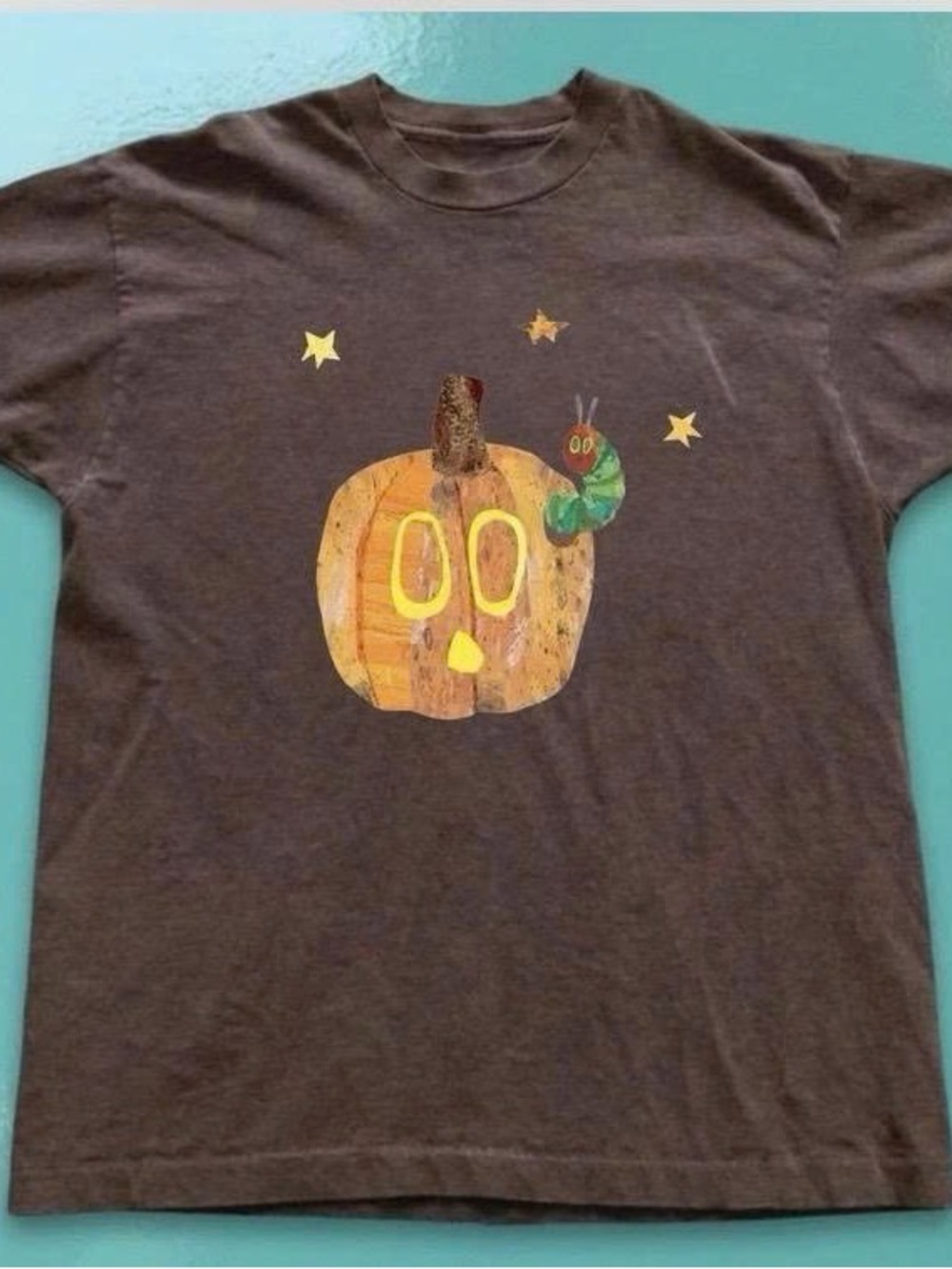Gildan Brown Kids Pumpkin Tee with Colorful Caterpillar
